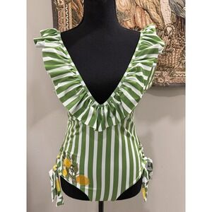 Palmacea‎ Swimsuit Womens Large Green Stripe Ruffle One Piece Lemon Embroidered